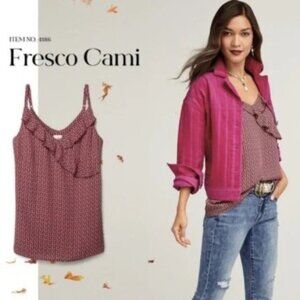 CABI Fresco Cami Ruffled Neckline Burgundy Taupe Geo Print Sz XL #4186 EUC
